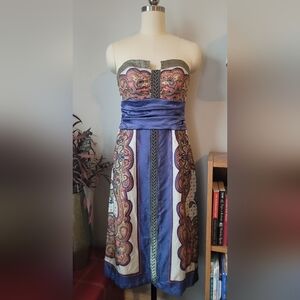 Nicole Miller Silk Dress Blue Paisley Strapless Size 6